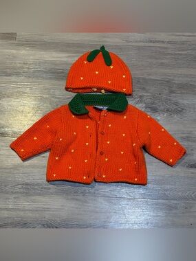 Vintage Fall Pumpkin Halloween knit cardigan sweater & hat set 3/6 months